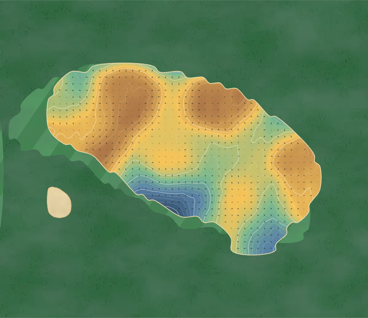 Green contour map of St. Andrews - Castle in United Kingdom: 71 elevation contours at a 8-centimeter interval with fall-line arrows, traced from 1-meter lidar