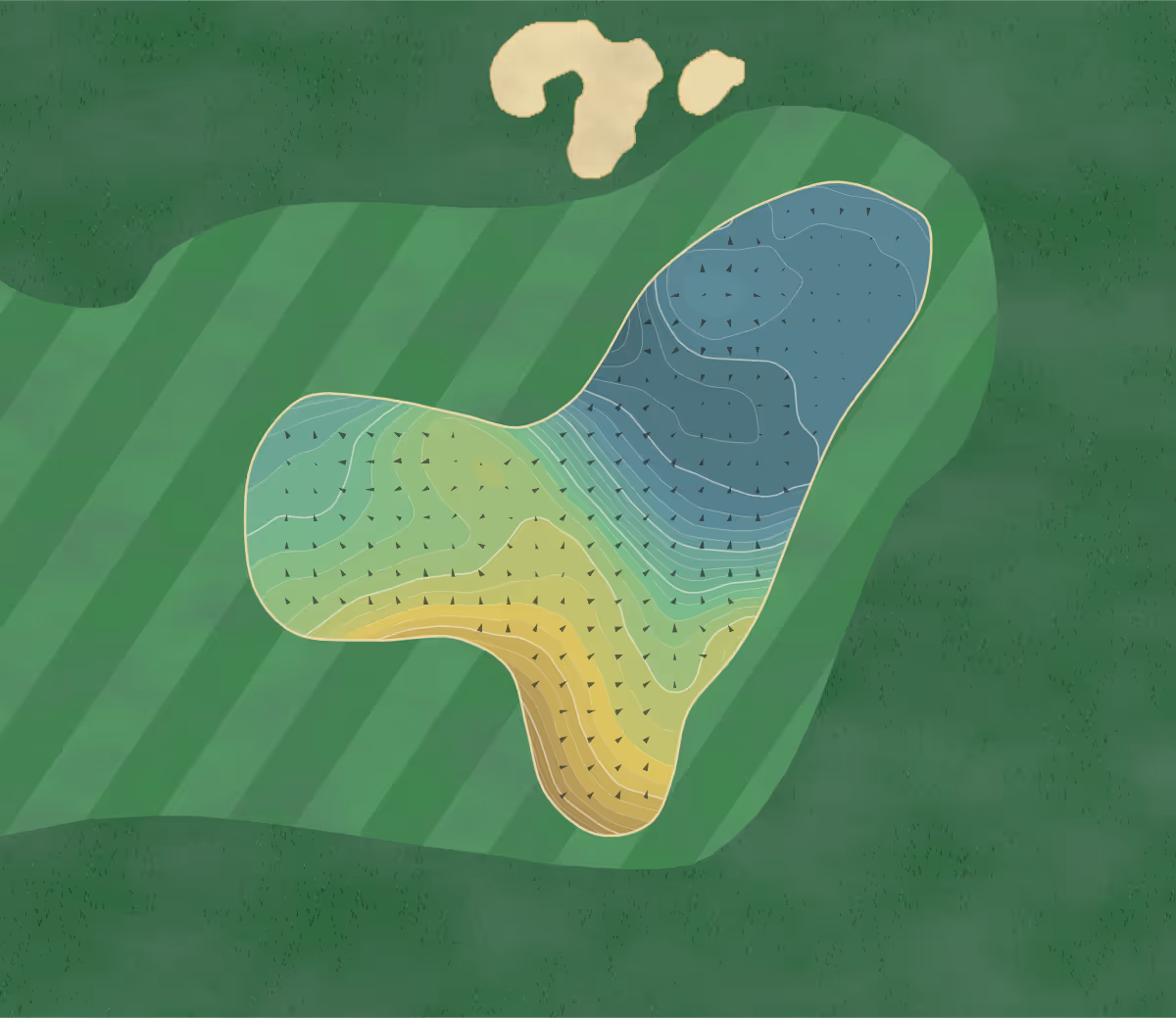 Green contour map of The Castle Course in St Andrews, Scotland — 399 elevation contours at a 8-centimeter interval with fall-line arrows, traced from 1-meter lidar
