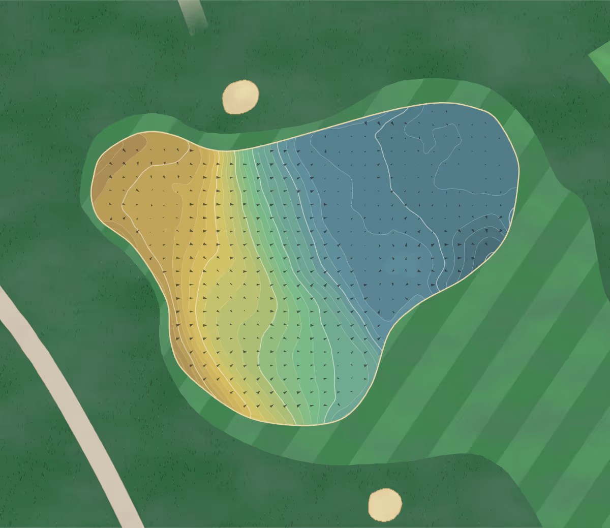 Green contour map of The Jubilee Course in St Andrews, Scotland — 220 elevation contours at a 8-centimeter interval with fall-line arrows, traced from 1-meter lidar