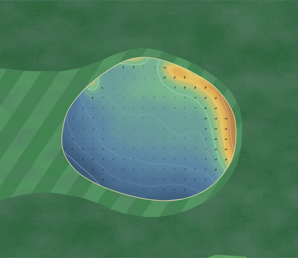 Green contour map of St Augustine's in Ramsgate, England: 142 elevation contours at a 8-centimeter interval with fall-line arrows, traced from 1-meter lidar