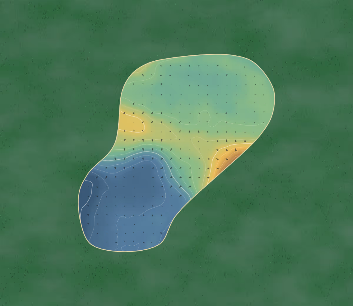 Green contour map of St Clere's in Corringham, England: 184 elevation contours at a 8-centimeter interval with fall-line arrows, traced from 1-meter lidar