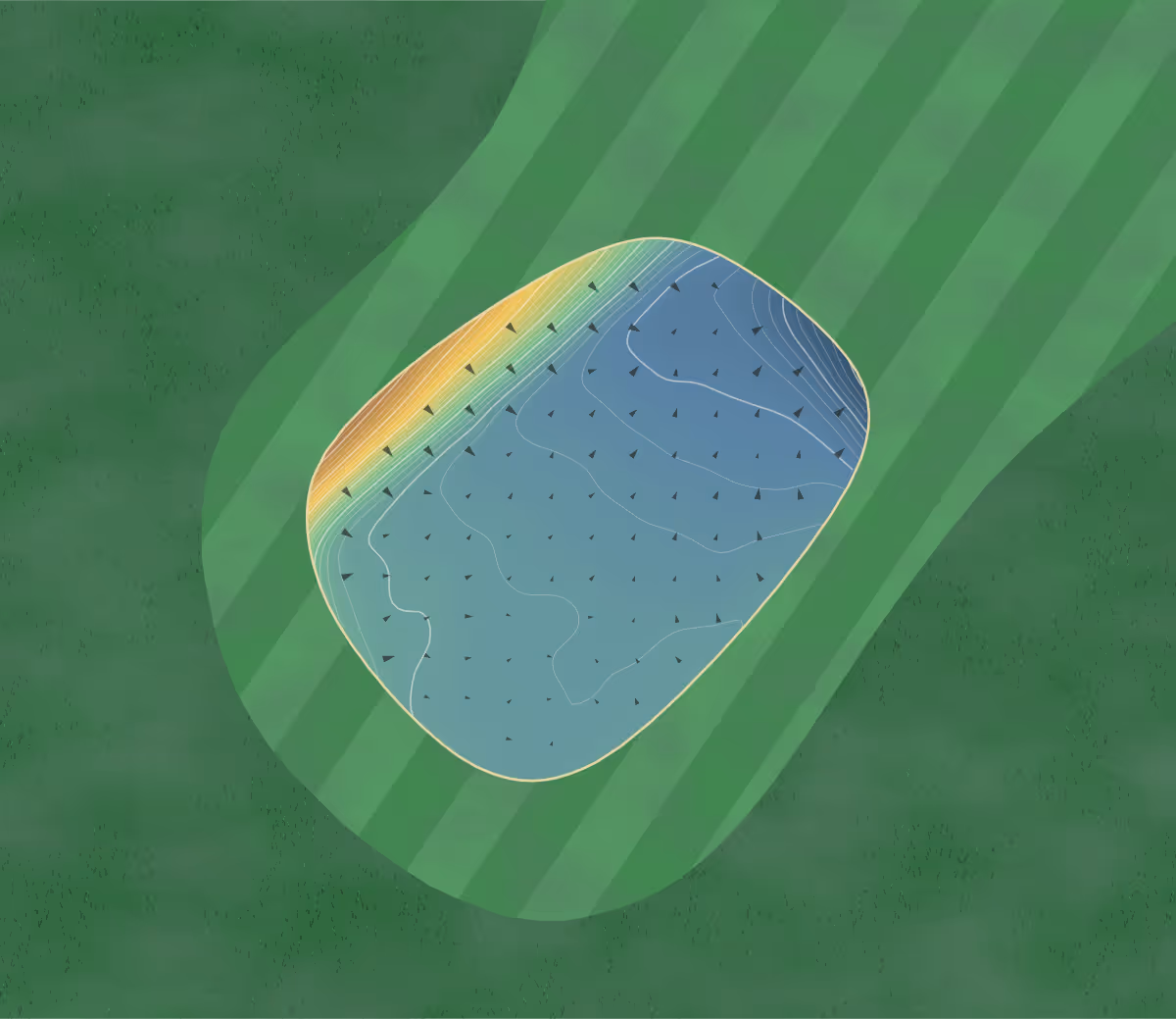 Green contour map of St Deniol in Bangor, Wales — 209 elevation contours at a 8-centimeter interval with fall-line arrows, traced from 1-meter lidar