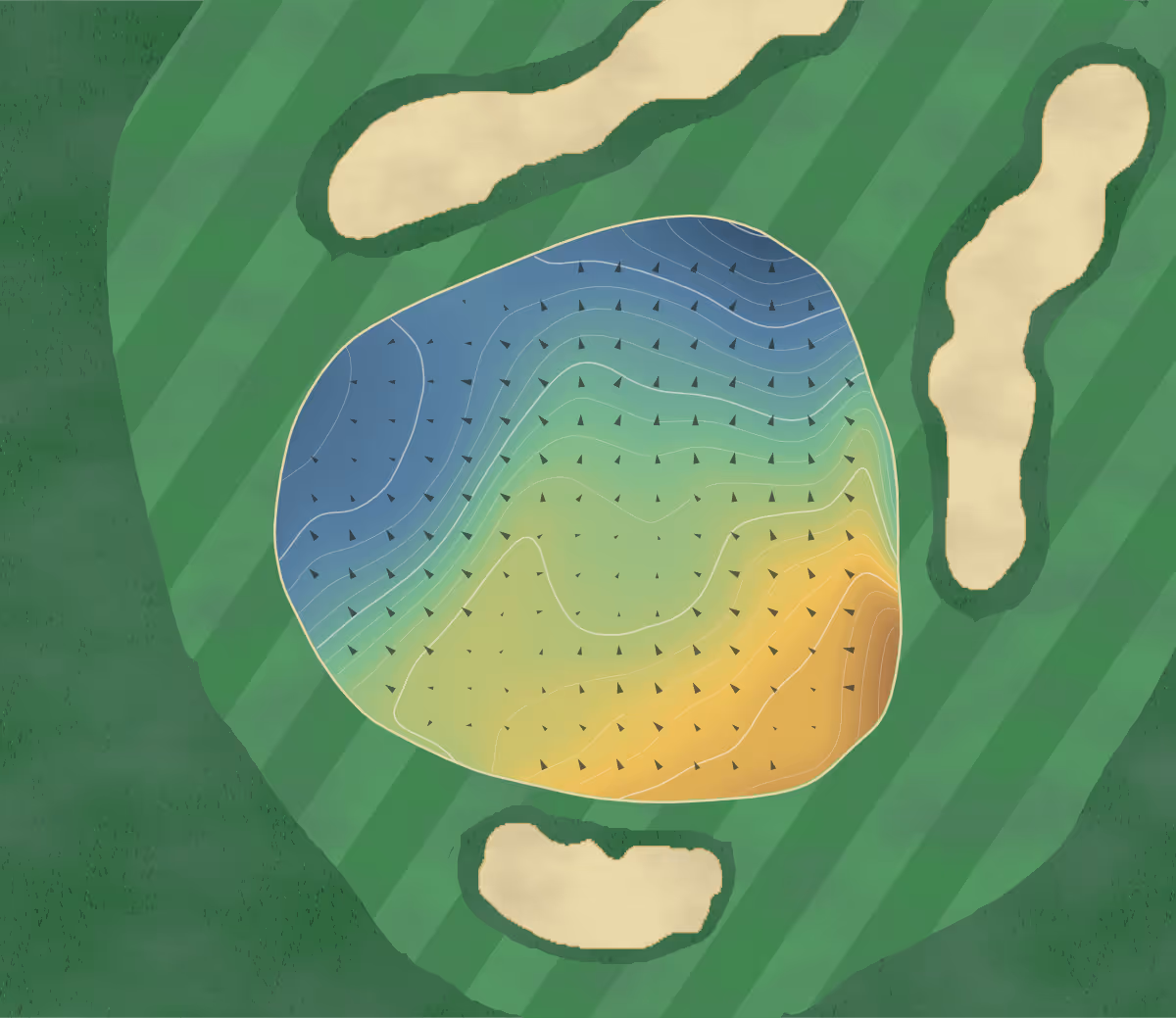 Green contour map of St George's Hill in Weybridge, England: 316 elevation contours at a 8-centimeter interval with fall-line arrows, traced from 1-meter lidar