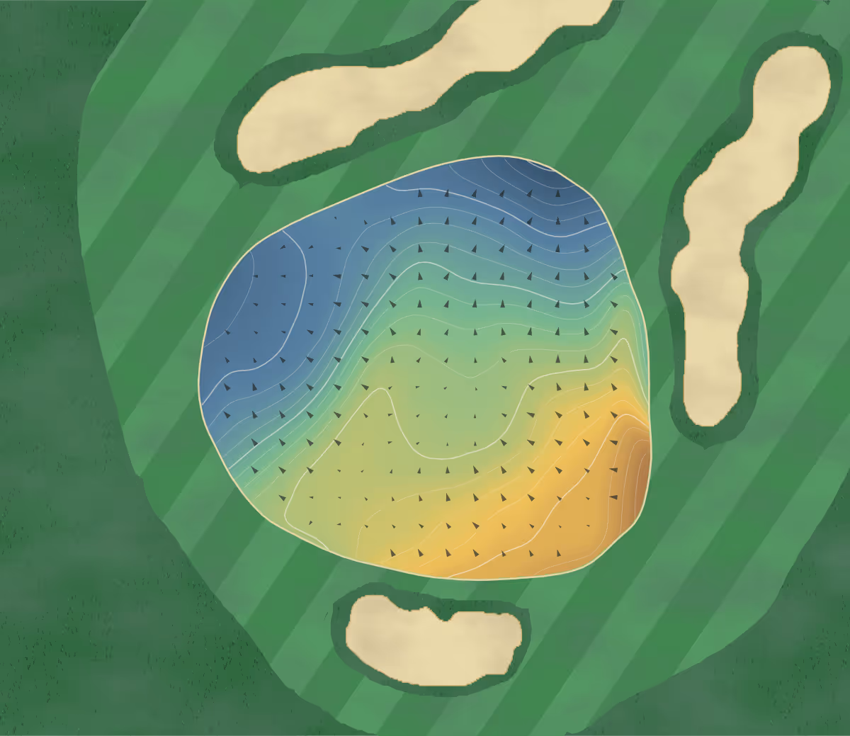 Green contour map of St George's Hill in Weybridge, England — 352 elevation contours at a 8-centimeter interval with fall-line arrows, traced from 1-meter lidar