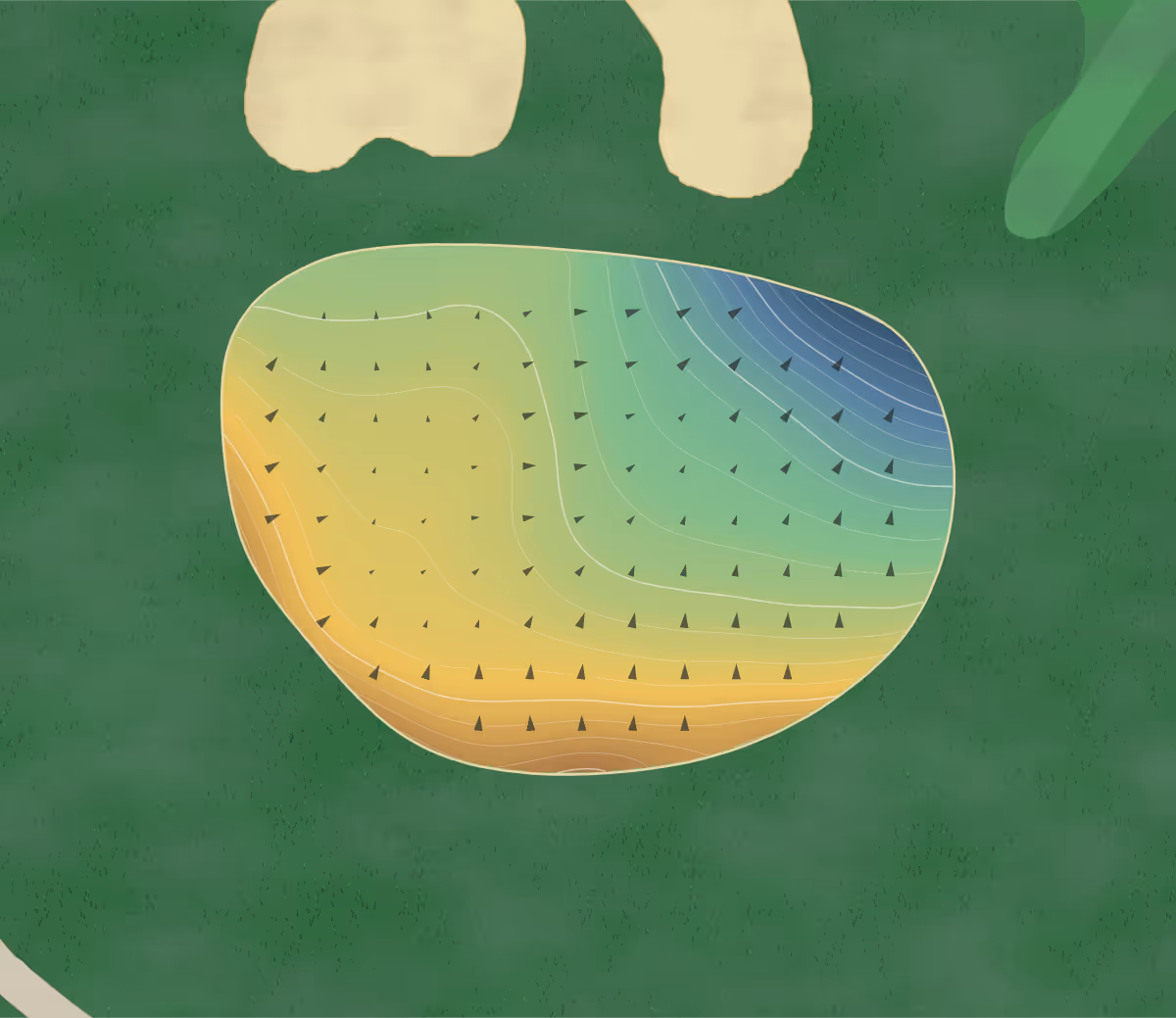 Green contour map of St. Ives in Johns Creek, Georgia: 216 elevation contours at a 3-inch interval with fall-line arrows, traced from 1-meter lidar