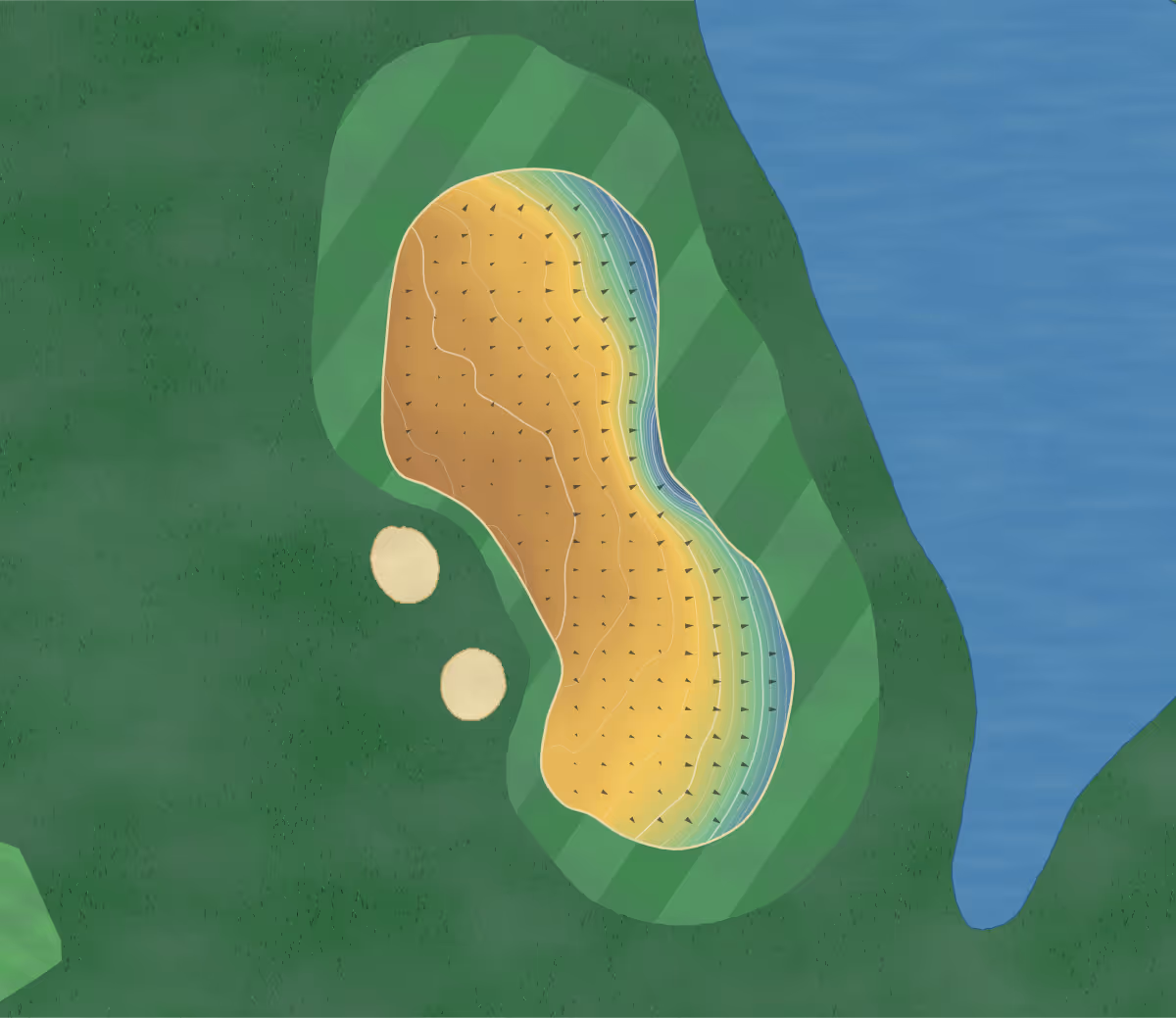 Green contour map of St Ives in St Ives, England: 244 elevation contours at a 8-centimeter interval with fall-line arrows, traced from 1-meter lidar