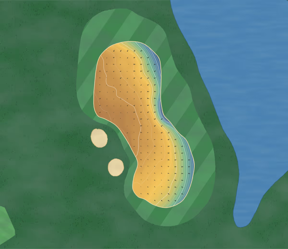 Green contour map of St Ives in St Ives, United Kingdom — 244 elevation contours at a 8-centimeter interval with fall-line arrows, traced from 1-meter lidar