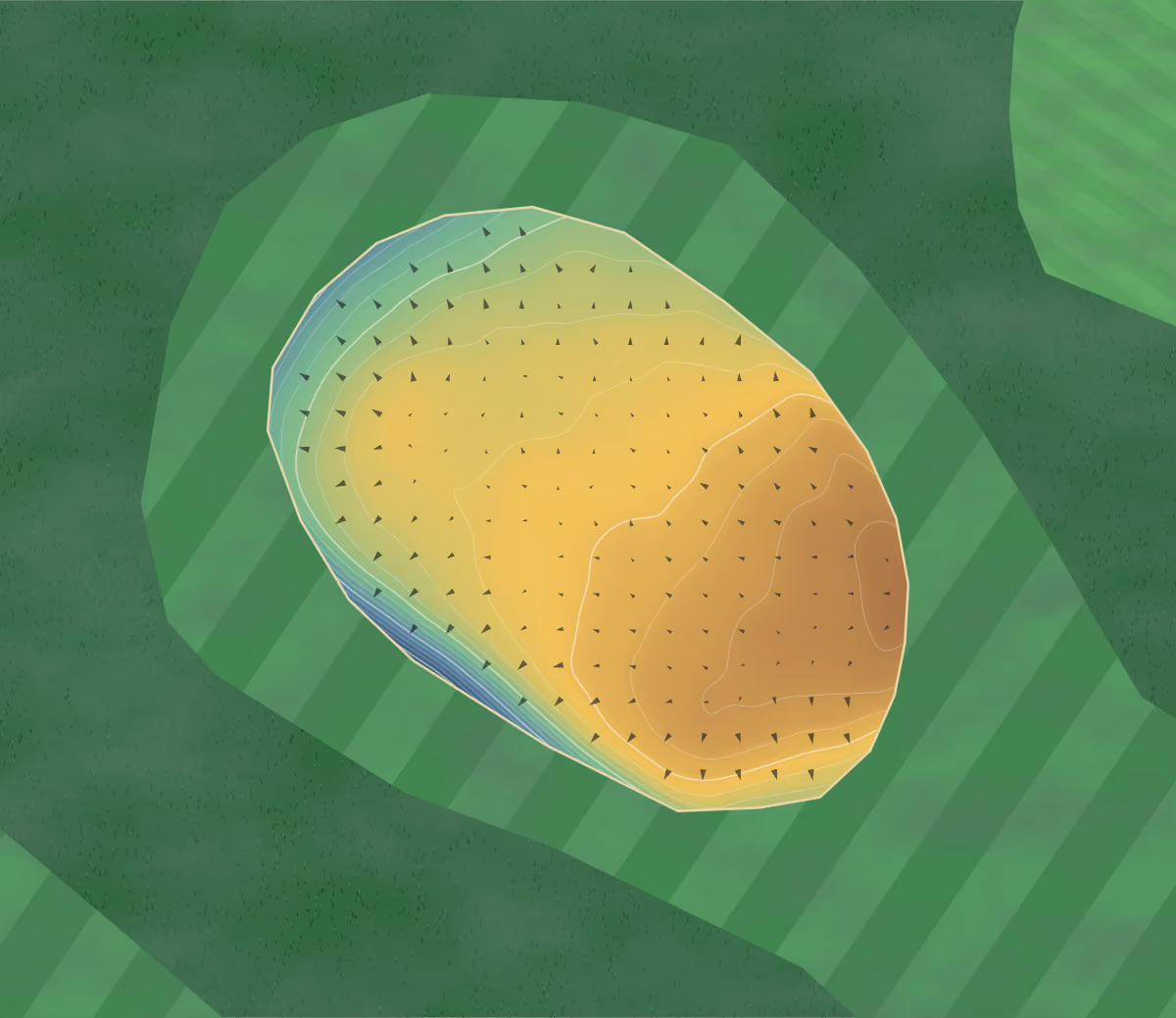 Green contour map of St Mary's in Pencoed, Scotland: 214 elevation contours at a 8-centimeter interval with fall-line arrows, traced from 1-meter lidar
