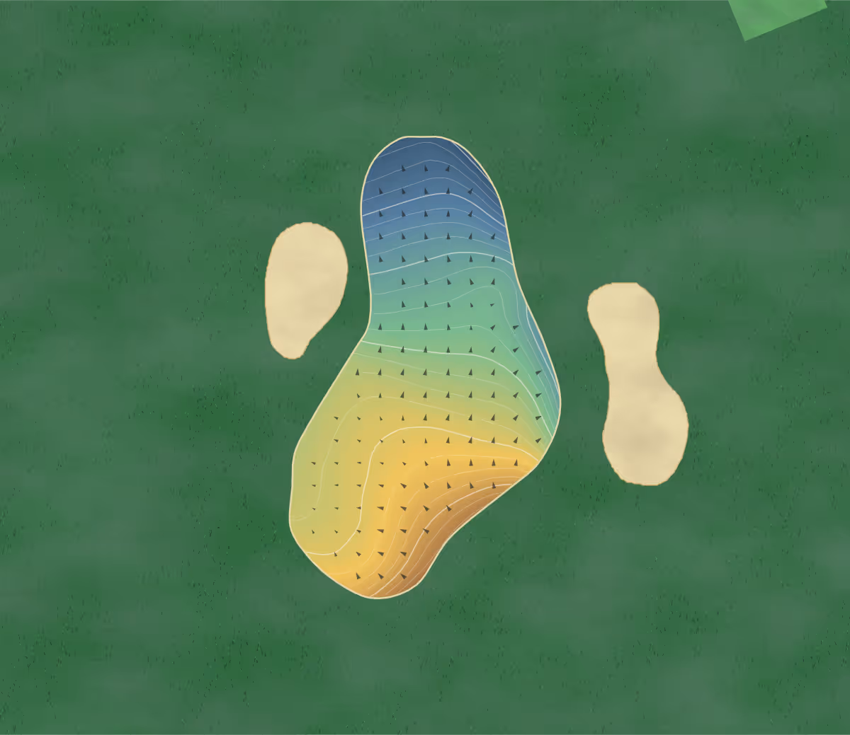 Green contour map of Stackstown in Rathfarnham, Ireland — 216 elevation contours at a 8-centimeter interval with fall-line arrows, traced from 1-meter lidar