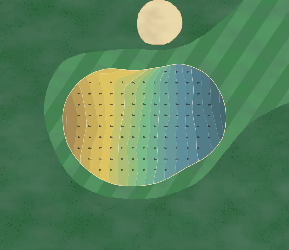 Green contour map of Stafford Castle in Stafford, England — 104 elevation contours at a 8-centimeter interval with fall-line arrows, traced from 1-meter lidar