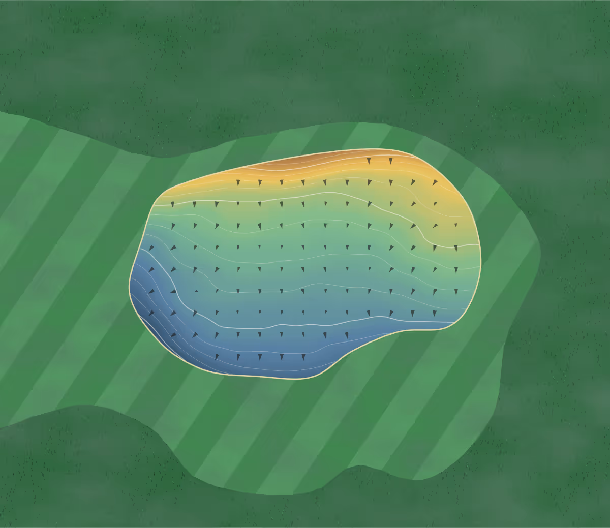 Green contour map of Staining Lodge in Blackpool, England: 141 elevation contours at a 8-centimeter interval with fall-line arrows, traced from 1-meter lidar