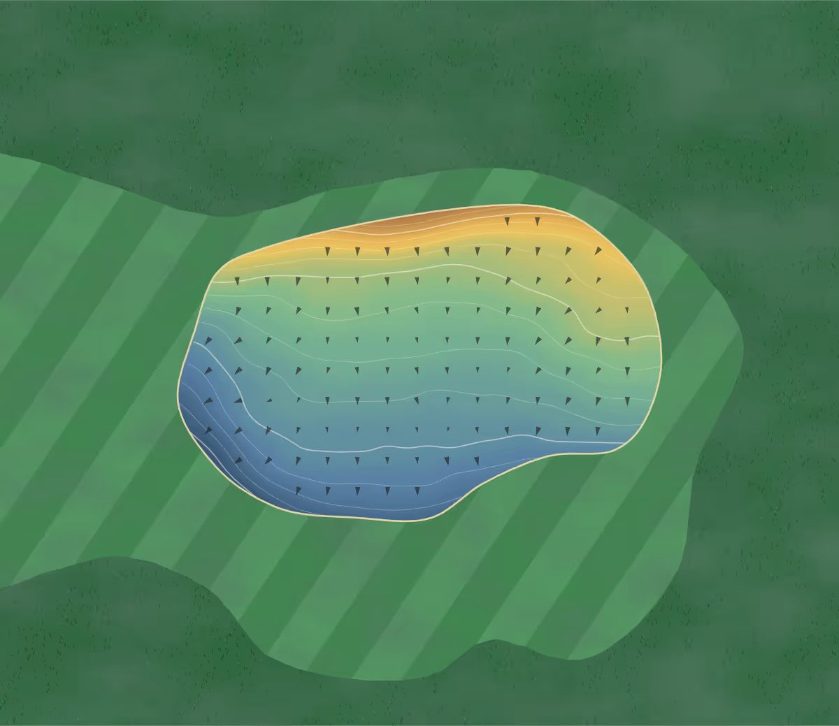 Green contour map of Staining Lodge in Blackpool, England — 141 elevation contours at a 8-centimeter interval with fall-line arrows, traced from 1-meter lidar