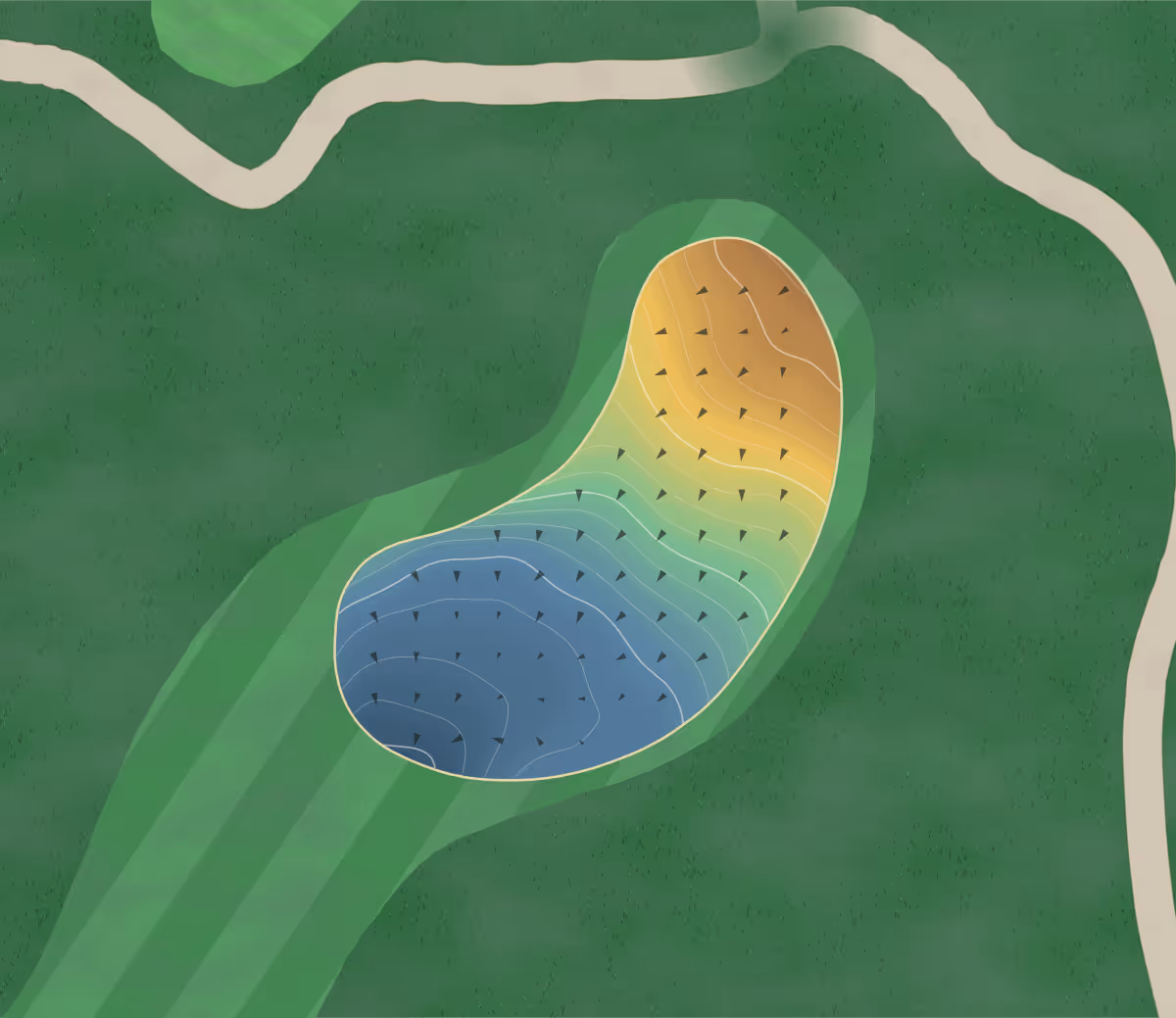 Green contour map of Stamford in Stalybridge, England — 195 elevation contours at a 8-centimeter interval with fall-line arrows, traced from 1-meter lidar