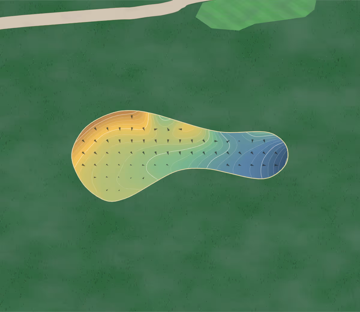 Green contour map of Stand in Manchester, England — 269 elevation contours at a 8-centimeter interval with fall-line arrows, traced from 1-meter lidar