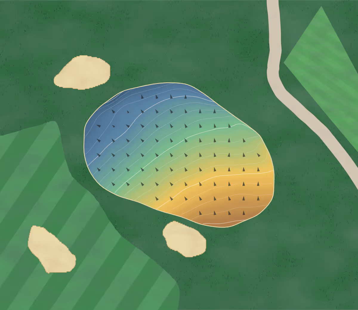 Green contour map of Stanedge in Chesterfield, England: 121 elevation contours at a 8-centimeter interval with fall-line arrows, traced from 1-meter lidar