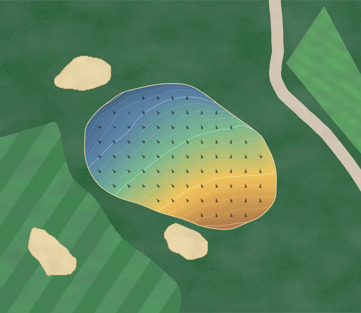 Green contour map of Stanedge in Chesterfield, England — 121 elevation contours at a 8-centimeter interval with fall-line arrows, traced from 1-meter lidar