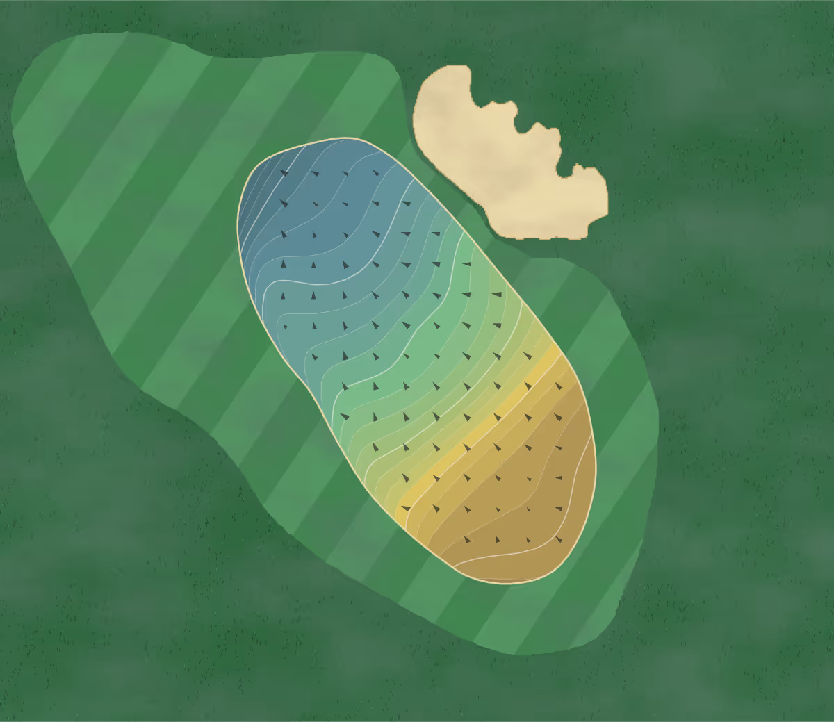 Green contour map of Stanford in Stanford, California — 303 elevation contours at a 3-inch interval with fall-line arrows, traced from 1-meter lidar