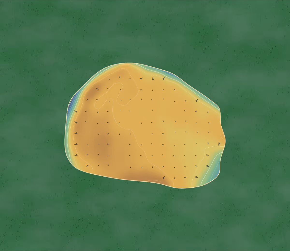 Green contour map of Stanton on the Wolds in Nottingham, England — 101 elevation contours at a 8-centimeter interval with fall-line arrows, traced from 1-meter lidar