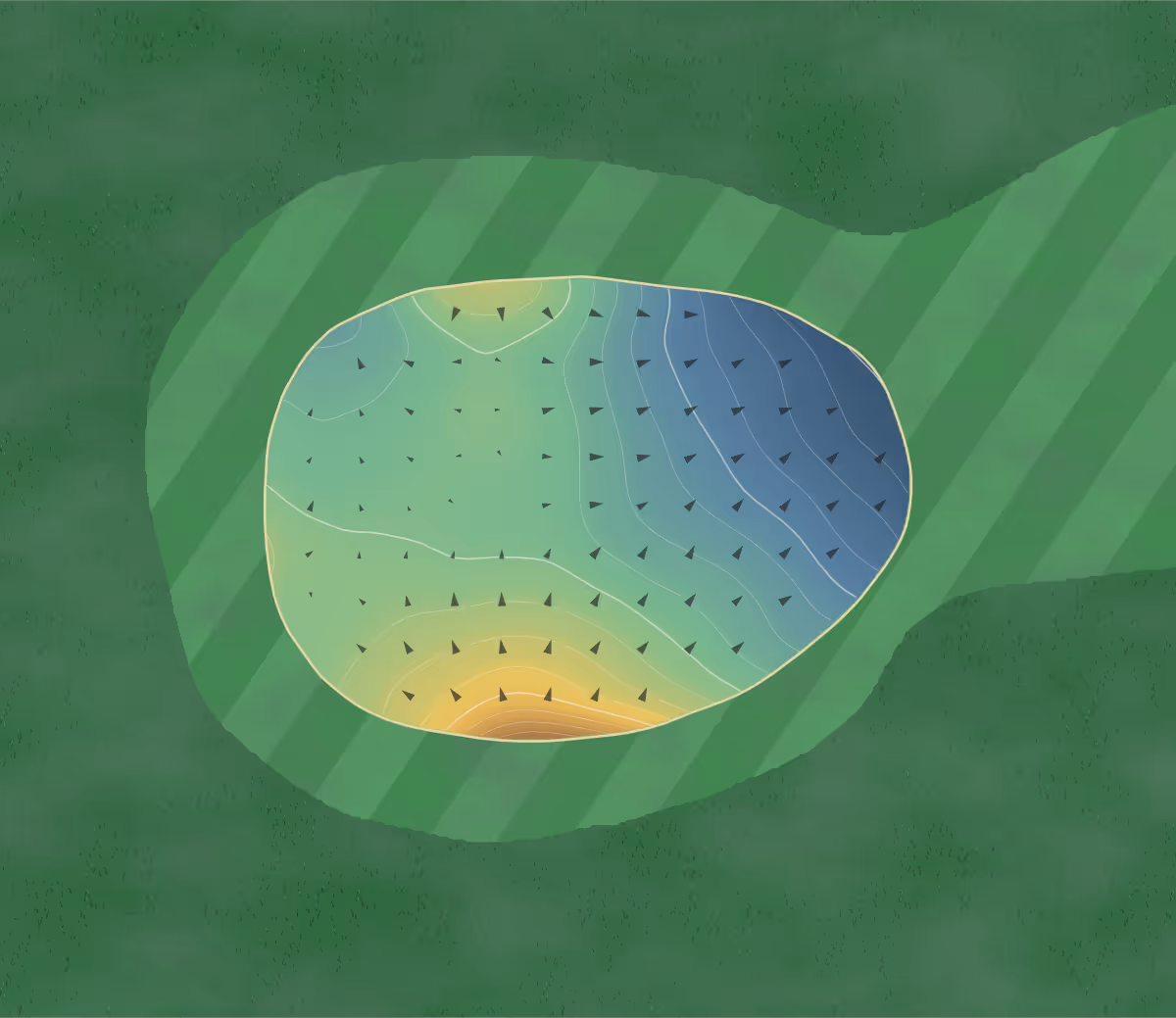 Green contour map of Stapleford Abbotts in Stapleford Abbotts, England: 28 elevation contours at a 8-centimeter interval with fall-line arrows, traced from 1-meter lidar