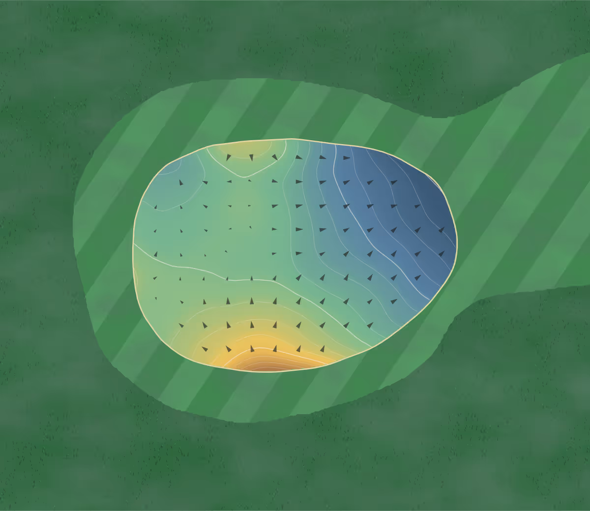 Green contour map of Stapleford Abbotts in Stapleford Abbotts, England — 28 elevation contours at a 8-centimeter interval with fall-line arrows, traced from 1-meter lidar