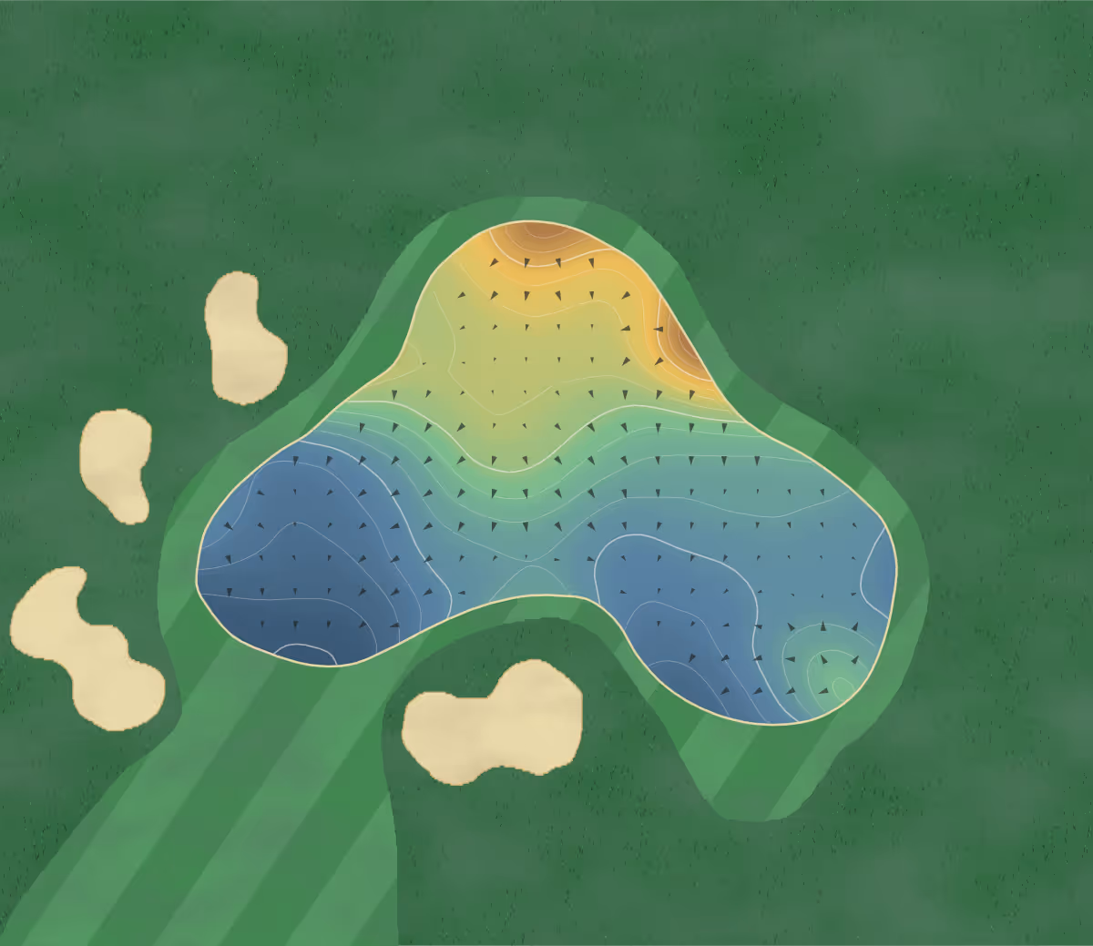 Green contour map of Stapleford Park in Melton Mowbray, United Kingdom — 191 elevation contours at a 8-centimeter interval with fall-line arrows, traced from 1-meter lidar