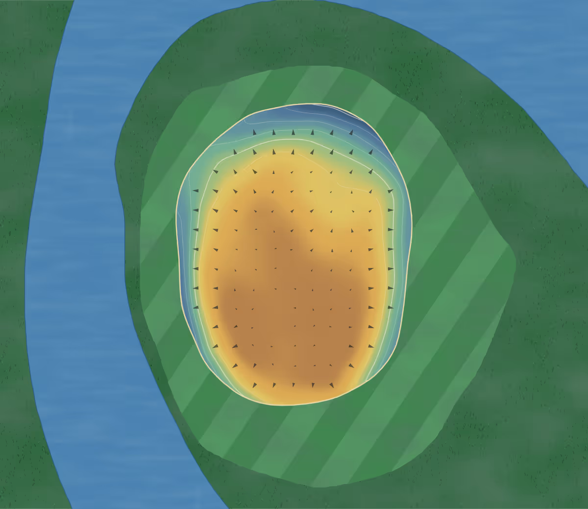 Green contour map of Starcity Golf Course in Velva, North Dakota — 61 elevation contours at a 3-inch interval with fall-line arrows, traced from 1-meter lidar