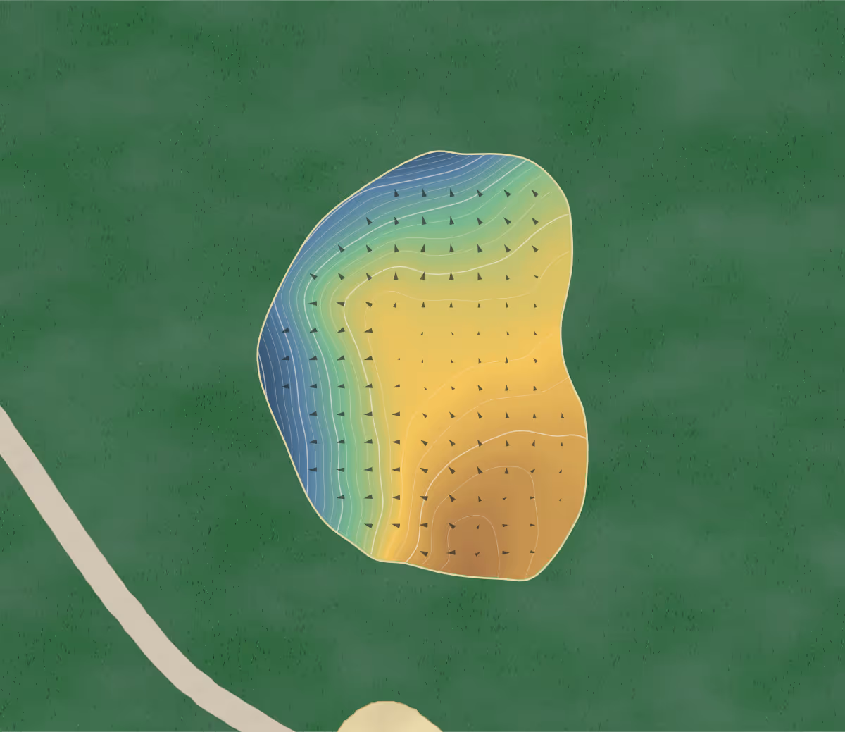 Green contour map of Steinbach Fly-in in Steinbach, Canada: 175 elevation contours at a 8-centimeter interval with fall-line arrows, traced from 1-meter lidar