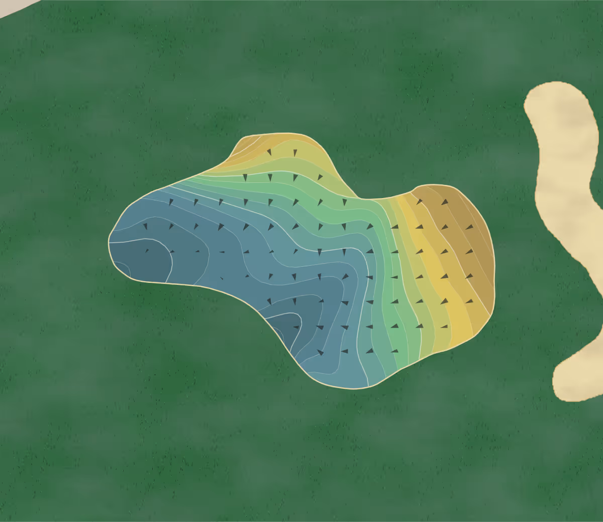 Green contour map of Sterling Hills in Camarillo, California — 198 elevation contours at a 3-inch interval with fall-line arrows, traced from 1-meter lidar