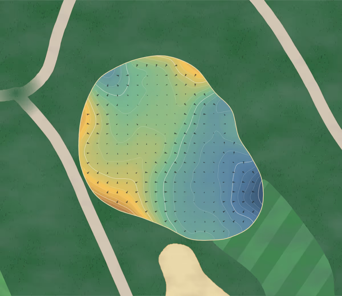 Green contour map of Stewart Creek in Canmore, Canada: 142 elevation contours at a 8-centimeter interval with fall-line arrows, traced from 1-meter lidar