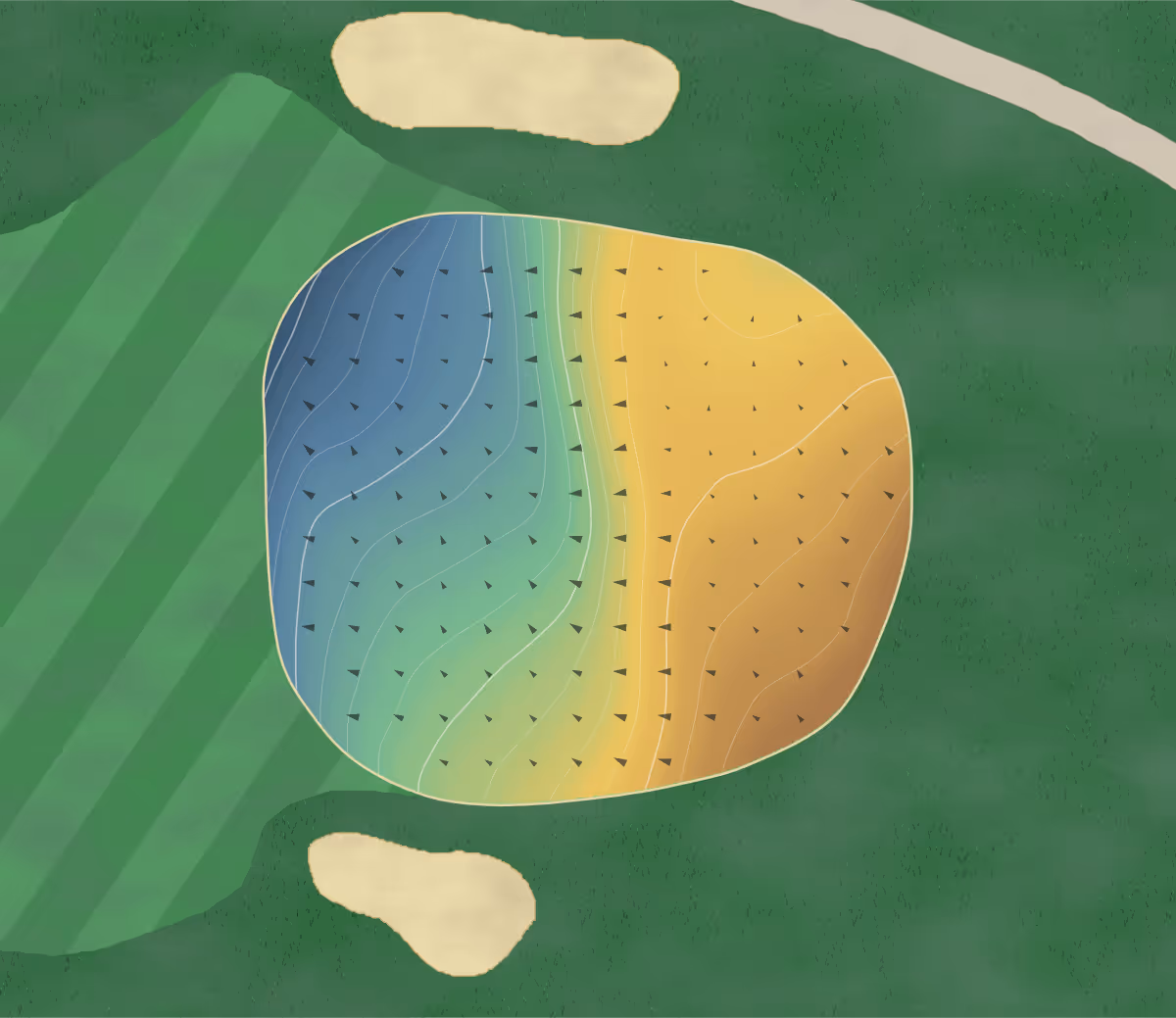 Green contour map of Stewart Meadows in Medford, Oregon — 76 elevation contours at a 3-inch interval with fall-line arrows, traced from 1-meter lidar
