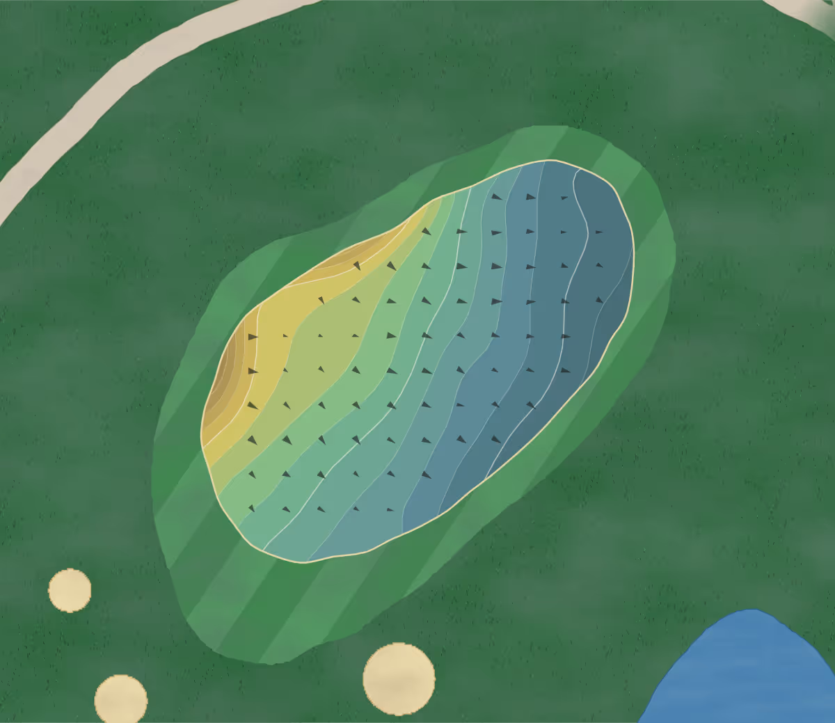 Green contour map of Stillwater Valley in Versailles, Ohio — 150 elevation contours at a 3-inch interval with fall-line arrows, traced from 1-meter lidar