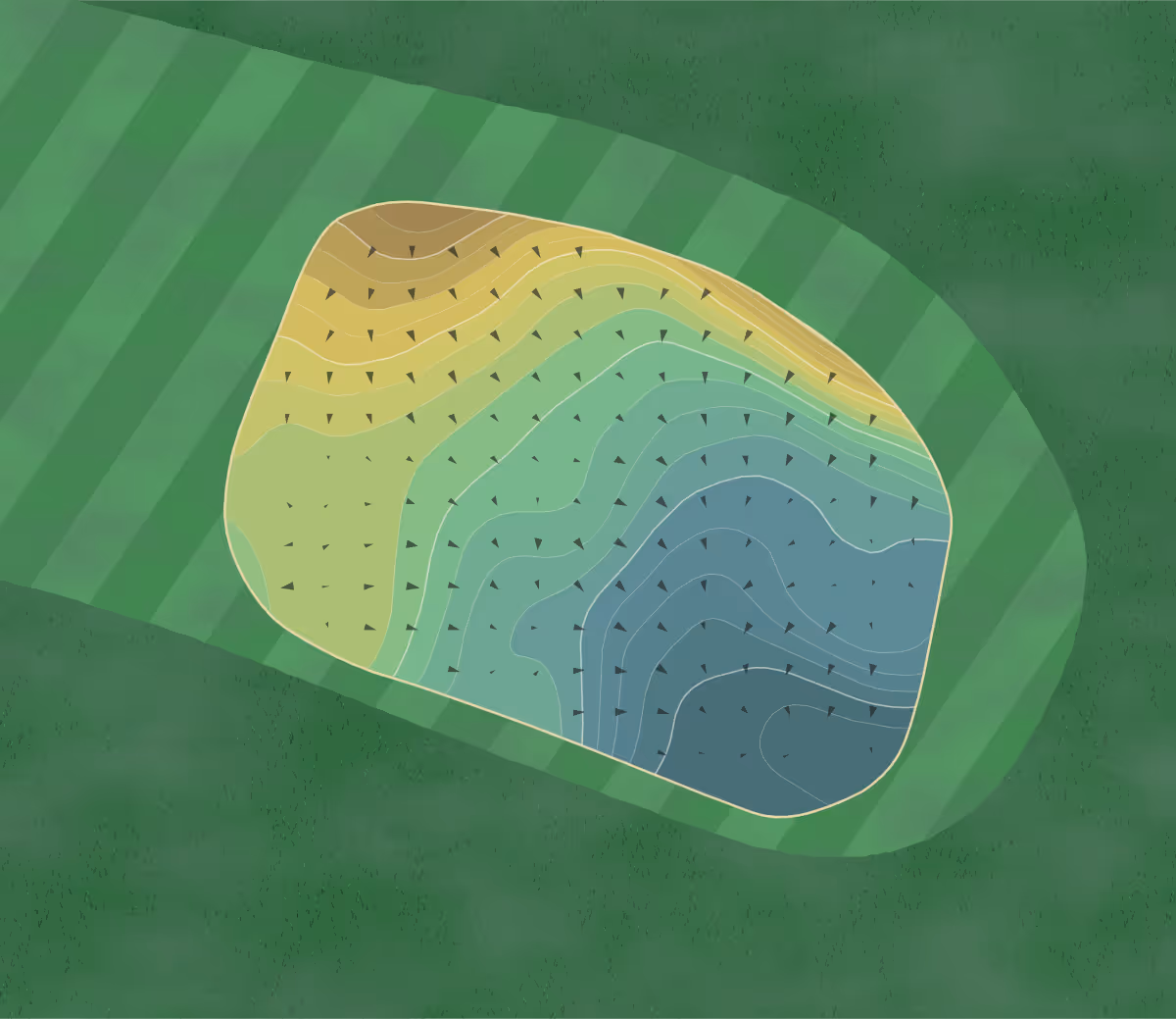 Green contour map of Stoatin Brae in Augusta, Michigan — 223 elevation contours at a 3-inch interval with fall-line arrows, traced from 1-meter lidar