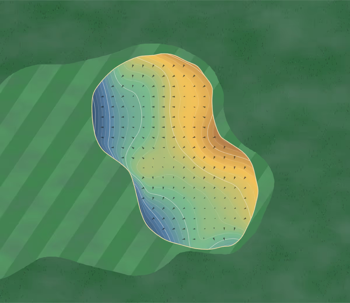 Green contour map of Stock Farm in Hamilton, Montana — 315 elevation contours at a 3-inch interval with fall-line arrows, traced from 1-meter lidar