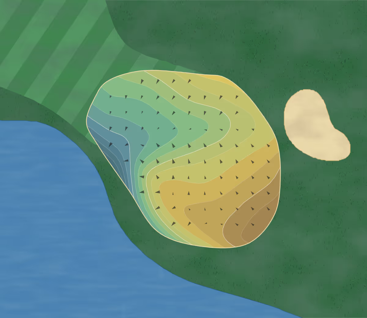 Green contour map of Stockton CC in Stockton, California — 24 elevation contours at a 3-inch interval with fall-line arrows, traced from 1-meter lidar