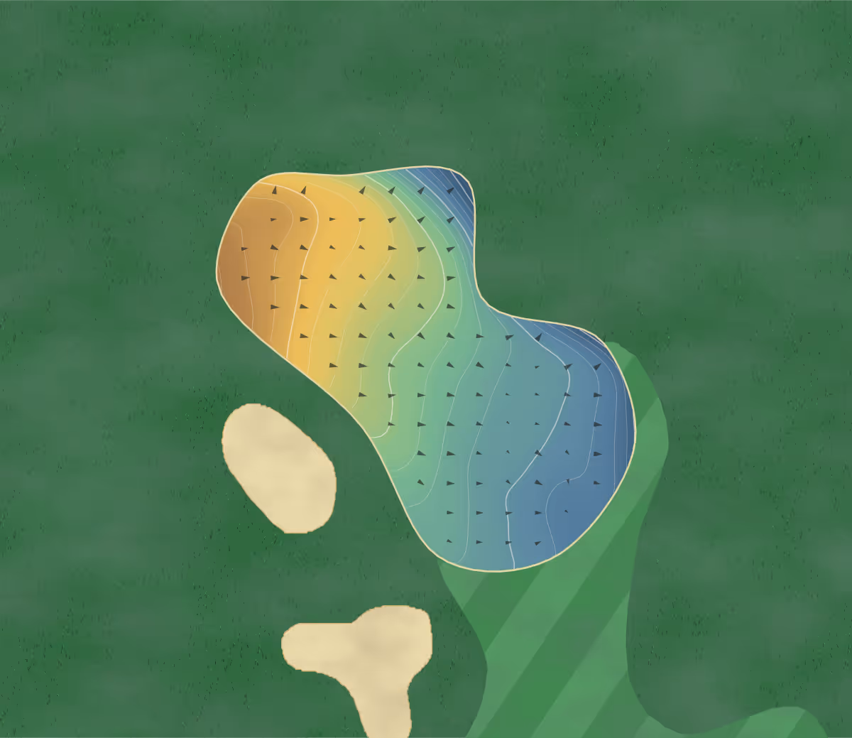 Green contour map of Gainsborough in Leavenheath, England — 194 elevation contours at a 8-centimeter interval with fall-line arrows, traced from 1-meter lidar