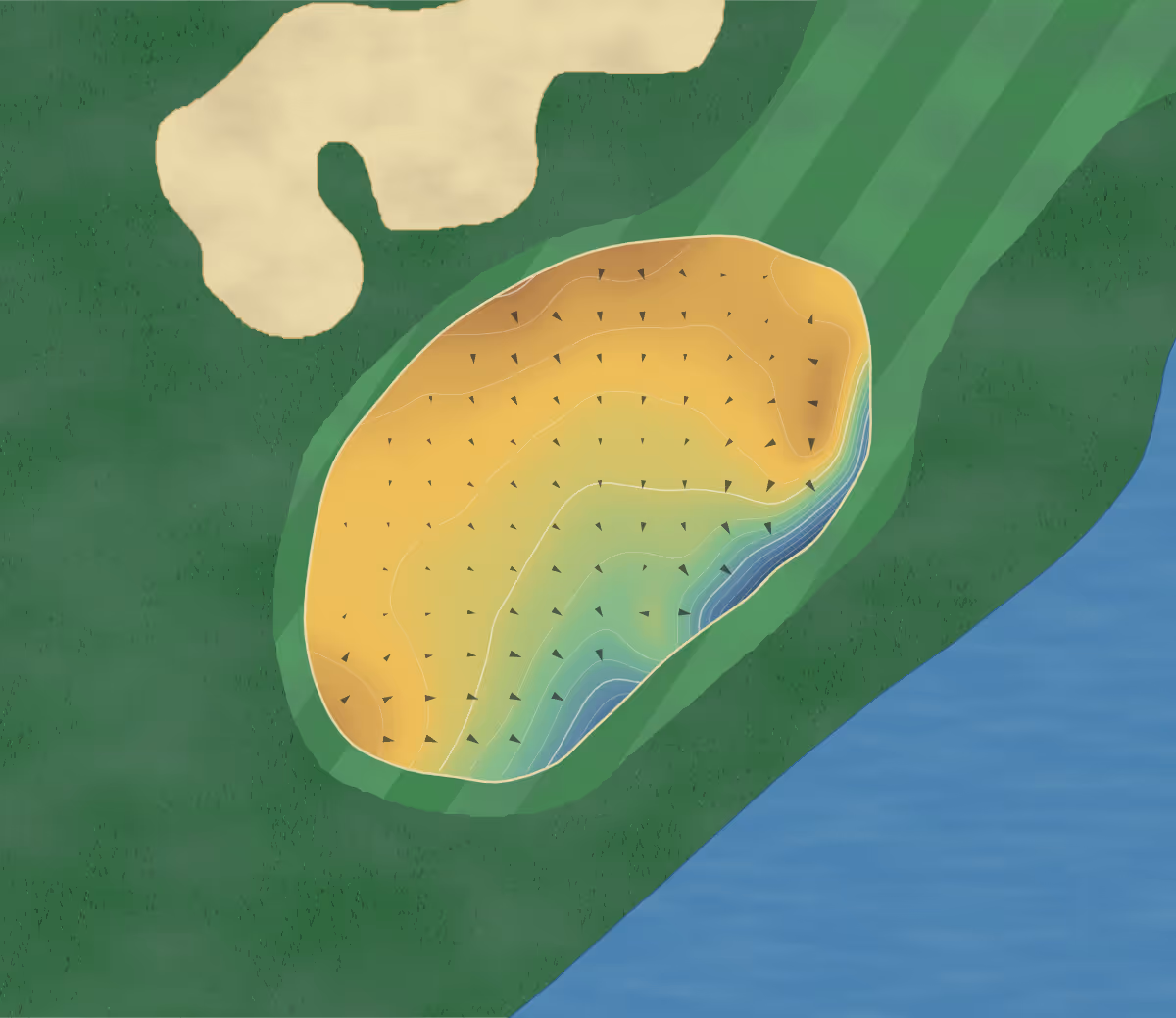Green contour map of Stoke Park Club in Slough, England: 218 elevation contours at a 8-centimeter interval with fall-line arrows, traced from 1-meter lidar