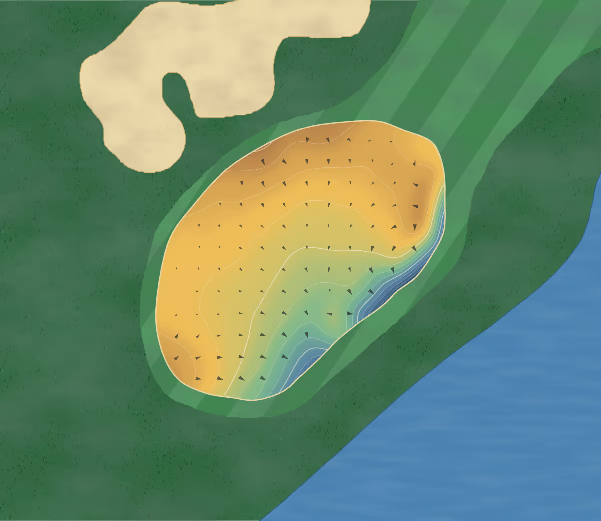 Green contour map of Stoke Park in Slough, Buckinghamshire, England — 216 elevation contours at a 8-centimeter interval with fall-line arrows, traced from 1-meter lidar