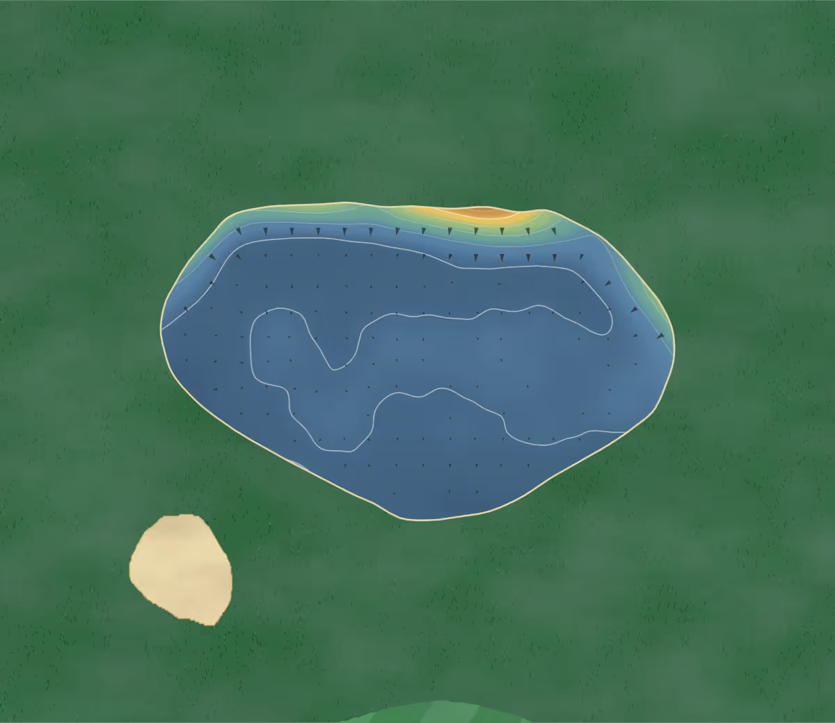 Green contour map of Stokesley Par 3 in Middlesbrough, England: 41 elevation contours at a 8-centimeter interval with fall-line arrows, traced from 1-meter lidar