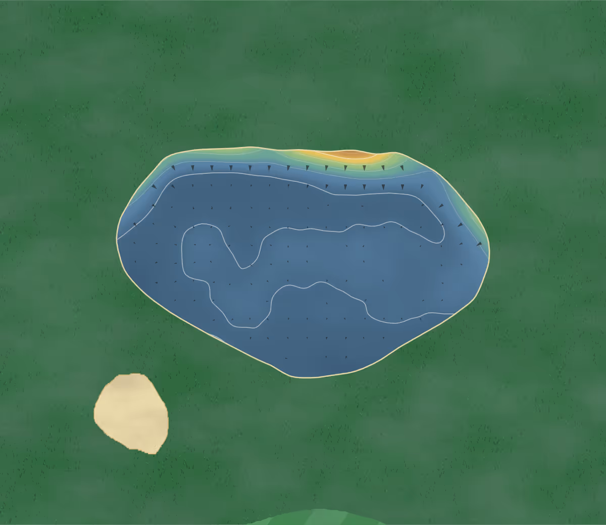 Green contour map of Stokesley Par 3 in Middlesbrough, England — 41 elevation contours at a 8-centimeter interval with fall-line arrows, traced from 1-meter lidar