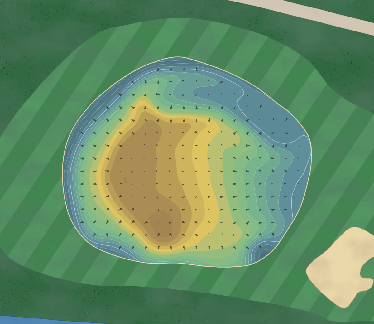 Green contour map of Stone Links Golf Course in North Little Rock, Arkansas — 188 elevation contours at a 3-inch interval with fall-line arrows, traced from 1-meter lidar