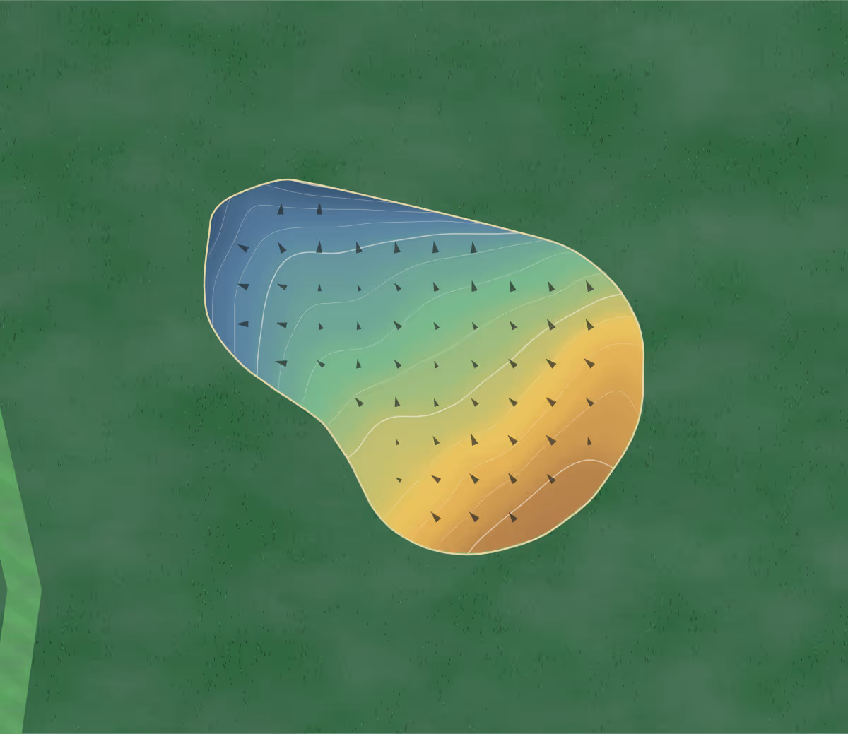 Green contour map of Stone Meadow in Lexington, Massachusetts — 70 elevation contours at a 3-inch interval with fall-line arrows, traced from 1-meter lidar