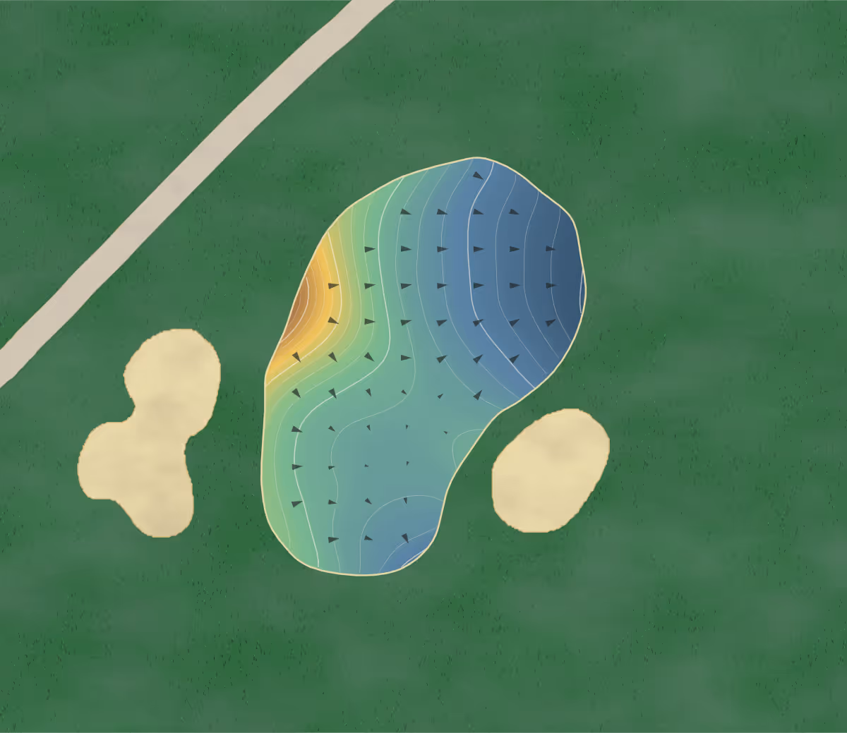 Green contour map of Stonebridge Meadows in Fayetteville, Arkansas: 222 elevation contours at a 3-inch interval with fall-line arrows, traced from 1-meter lidar