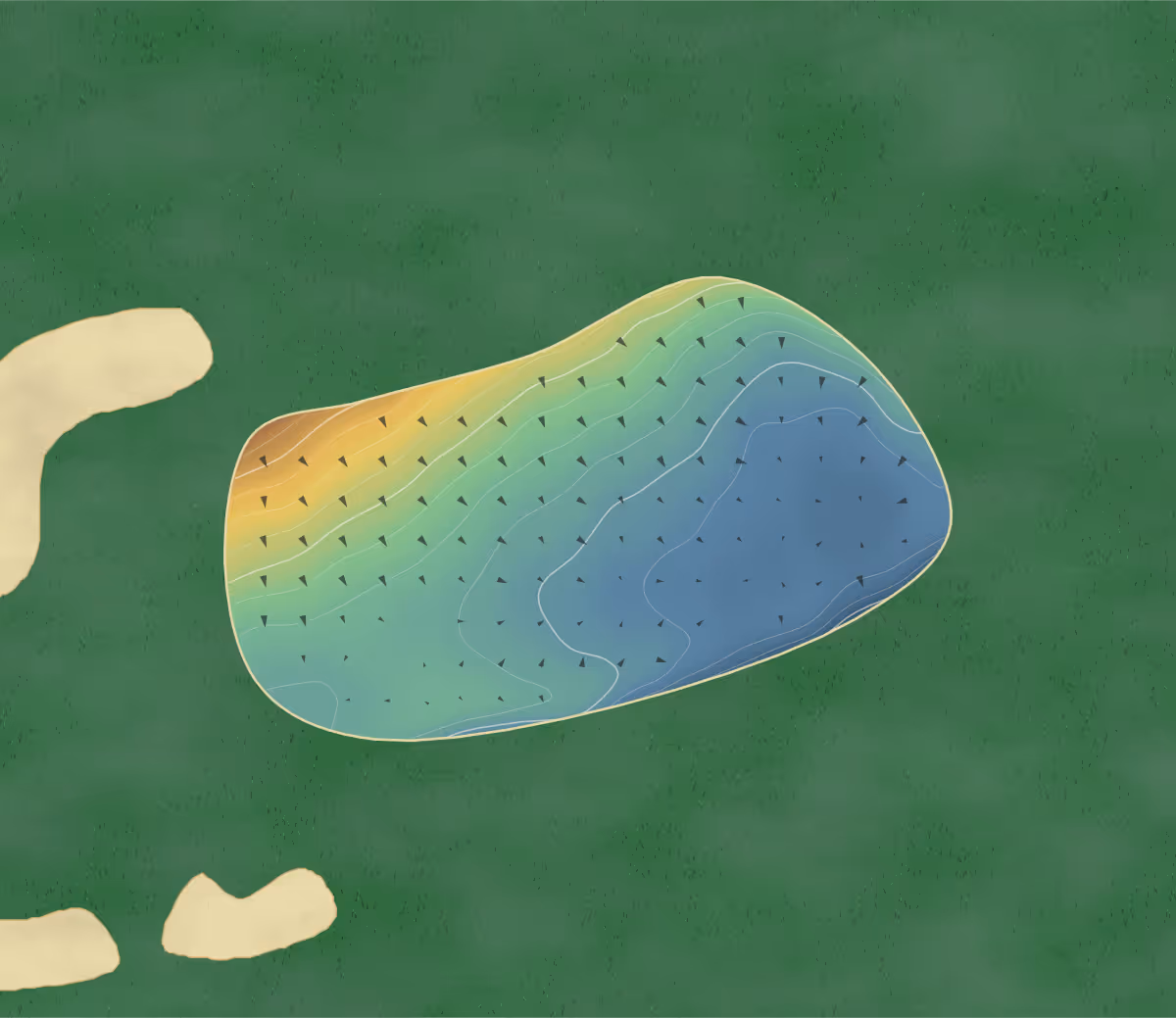 Green contour map of Stoneham in Southampton, England: 170 elevation contours at a 8-centimeter interval with fall-line arrows, traced from 1-meter lidar