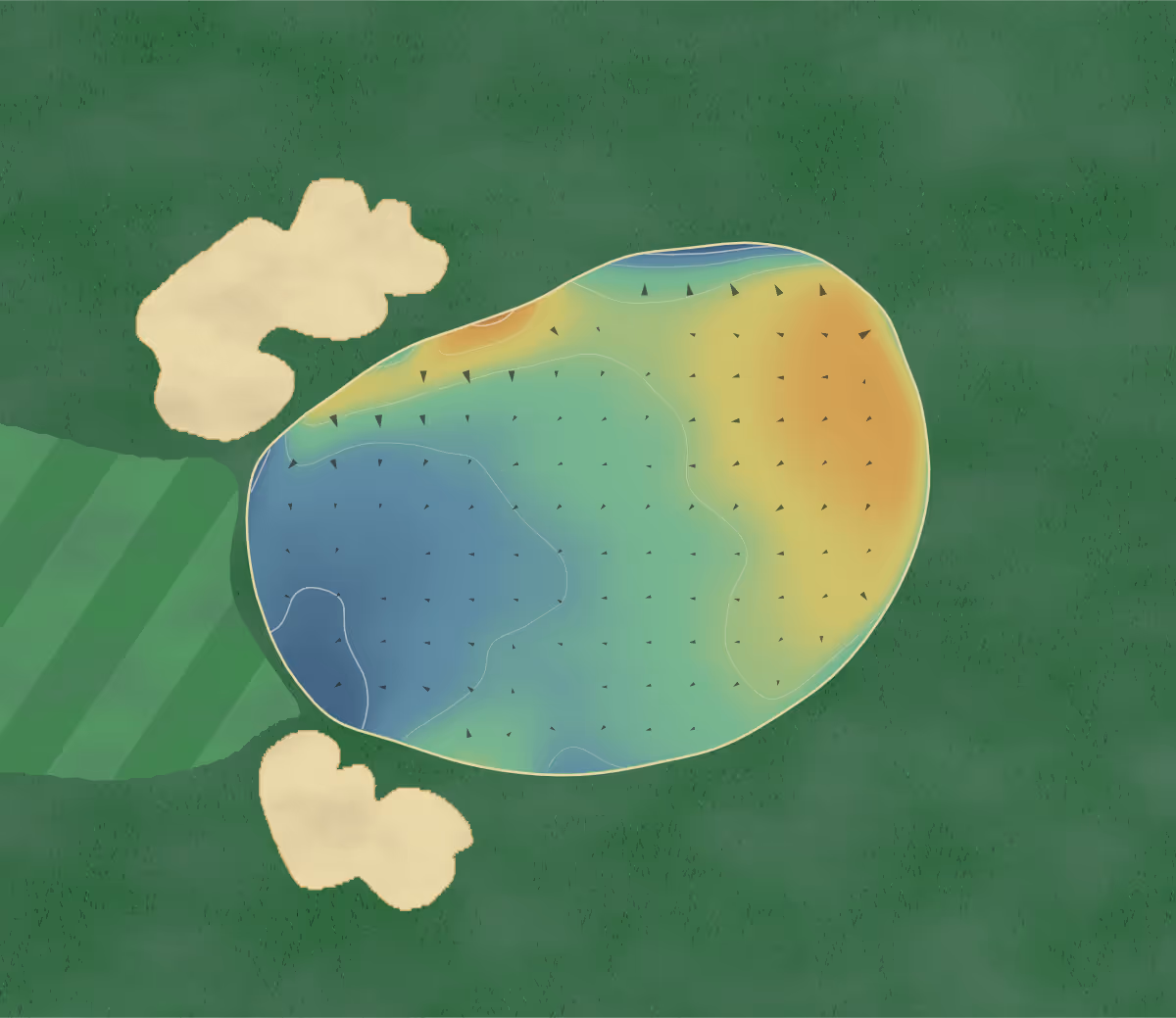 Green contour map of Stoneham in Southampton, Hampshire, England — 24 elevation contours at a 8-centimeter interval with fall-line arrows, traced from 1-meter lidar
