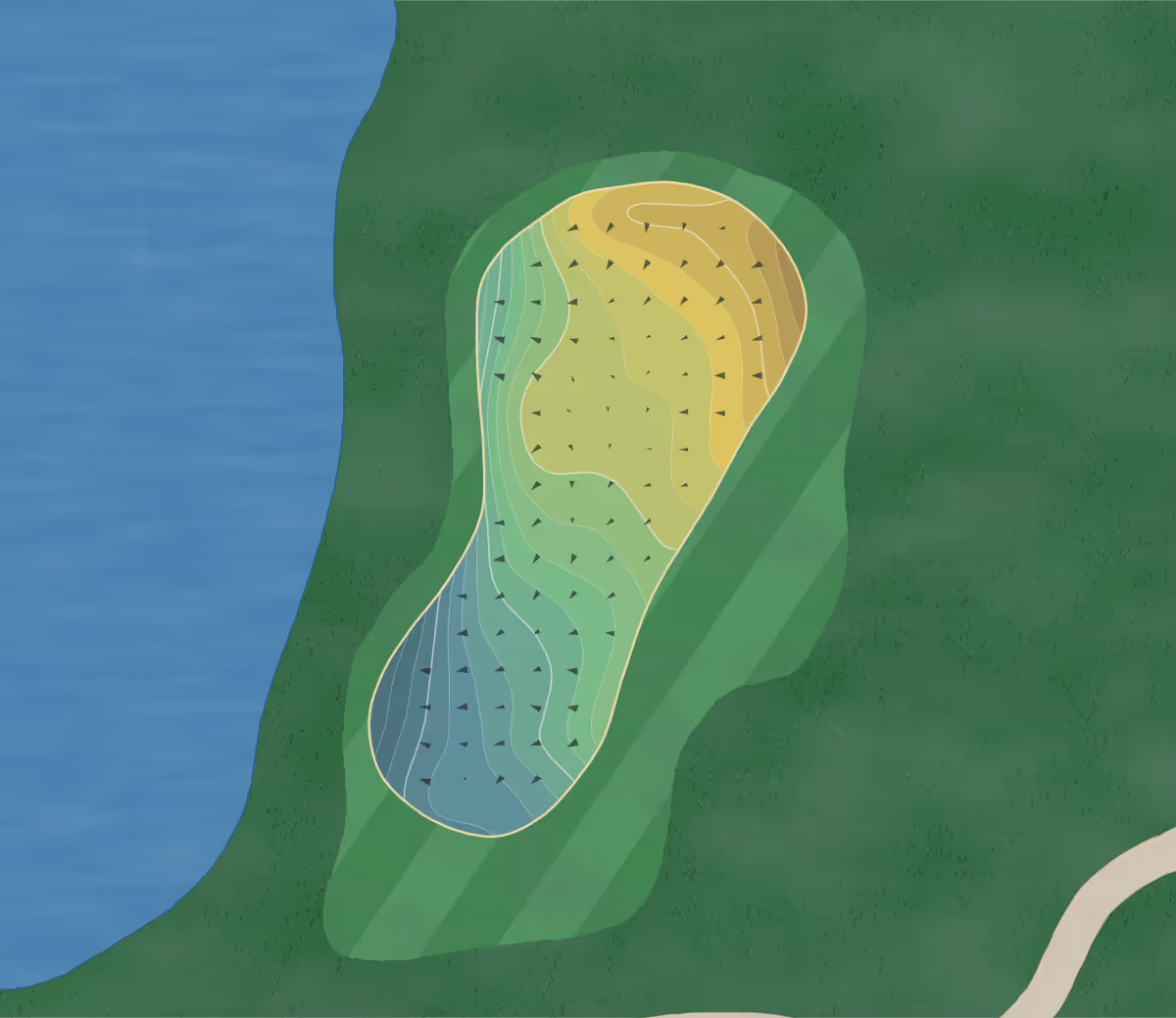 Green contour map of Stonehedge North in Augusta, Michigan — 236 elevation contours at a 3-inch interval with fall-line arrows, traced from 1-meter lidar