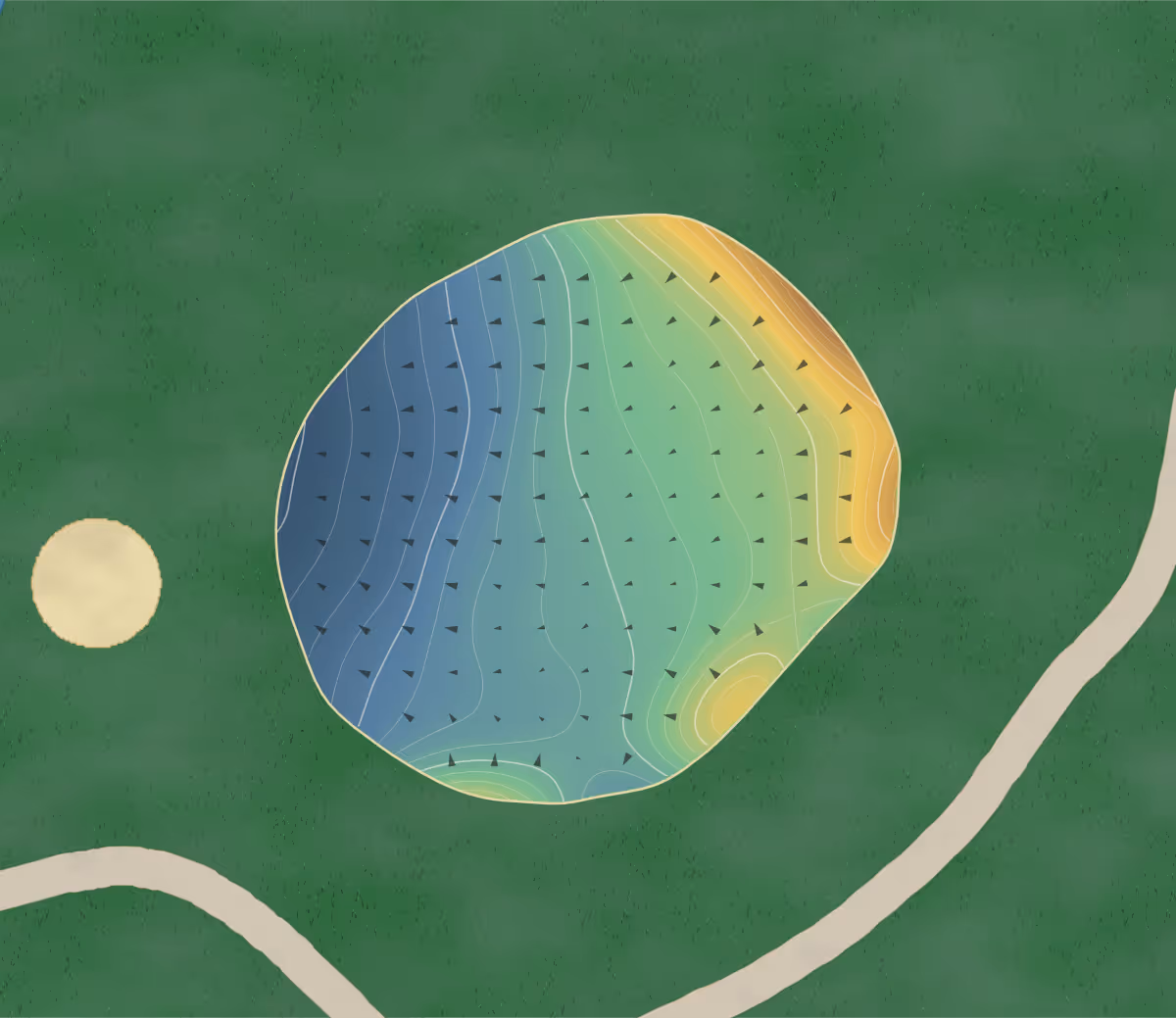 Green contour map of Stonehenge in Sunderland, Canada — 91 elevation contours at a 8-centimeter interval with fall-line arrows, traced from 1-meter lidar