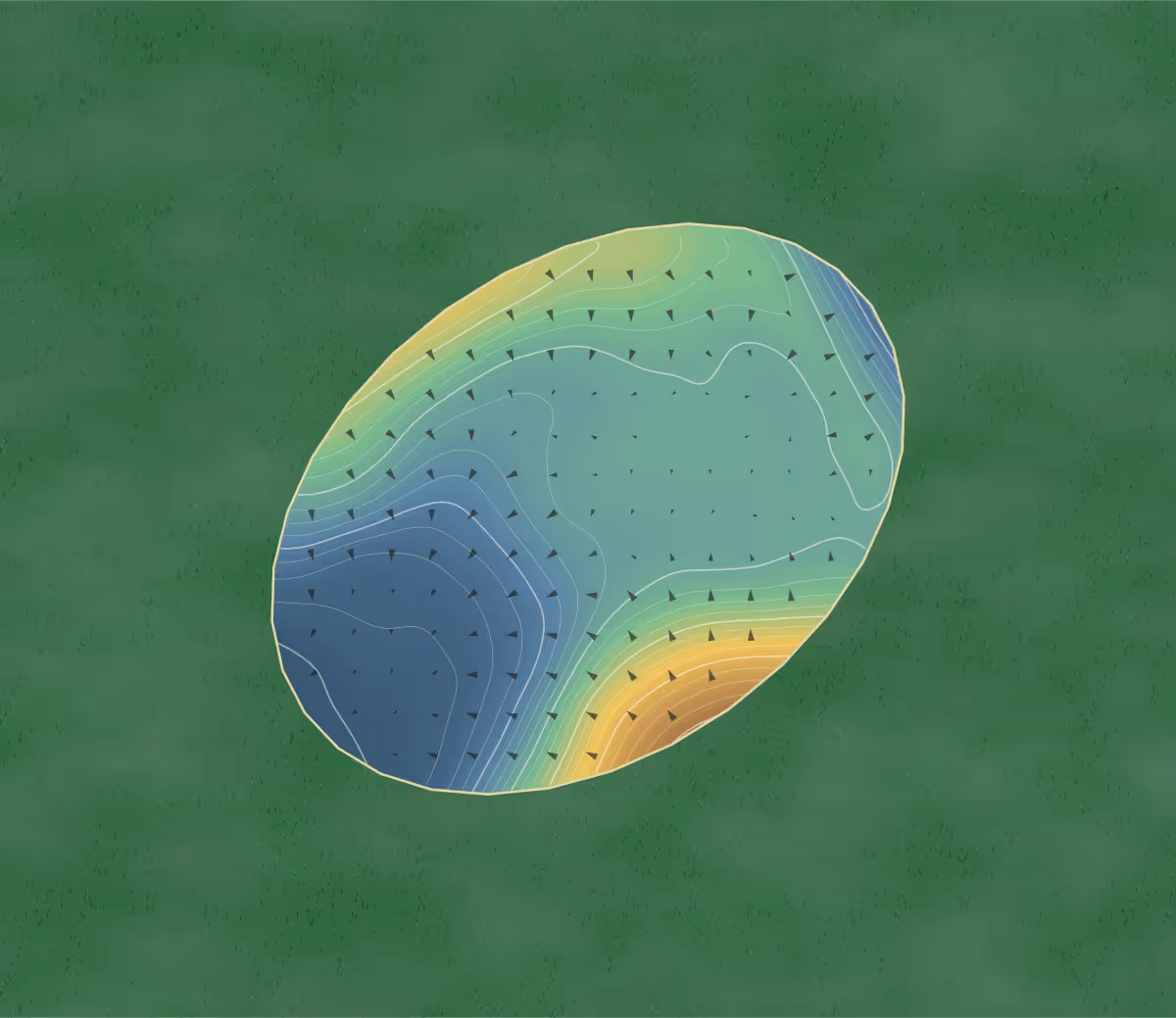 Green contour map of Stonelees in Ramsgate, England: 76 elevation contours at a 8-centimeter interval with fall-line arrows, traced from 1-meter lidar