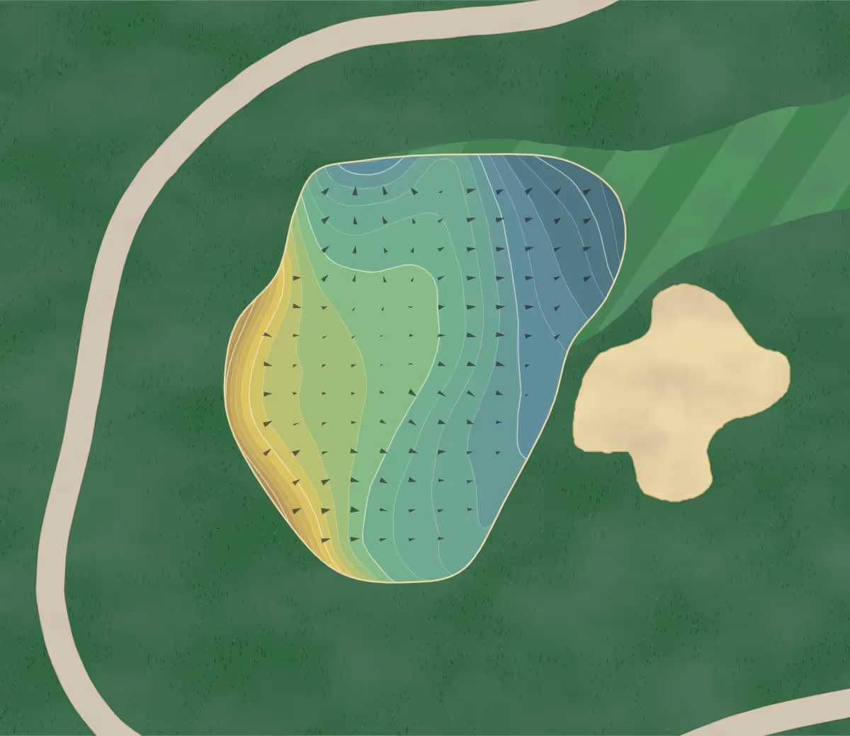 Green contour map of Stoneridge GC in Blanchard, Idaho — 209 elevation contours at a 3-inch interval with fall-line arrows, traced from 1-meter lidar
