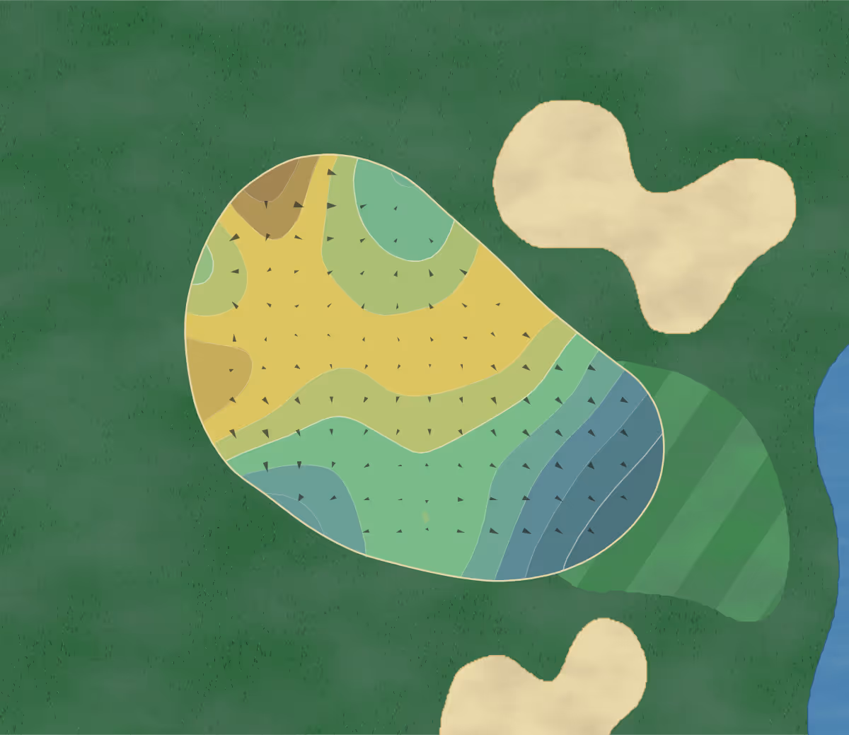 Green contour map of Stonewater GC in Highland Hts., Ohio — 202 elevation contours at a 3-inch interval with fall-line arrows, traced from 1-meter lidar