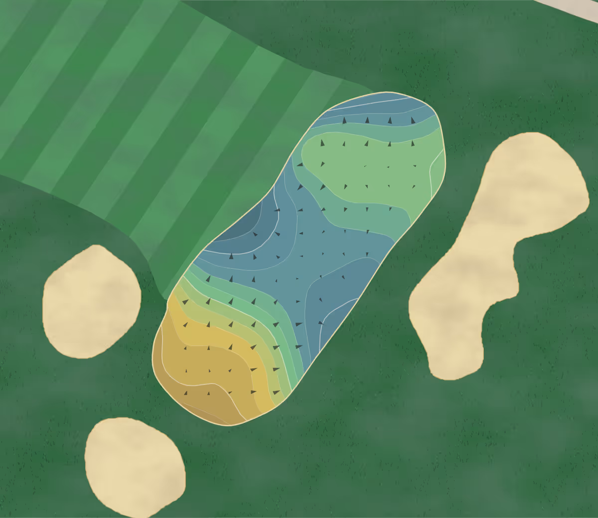 Green contour map of Stoneybrook GC in Estero, Florida — 202 elevation contours at a 3-inch interval with fall-line arrows, traced from 1-meter lidar
